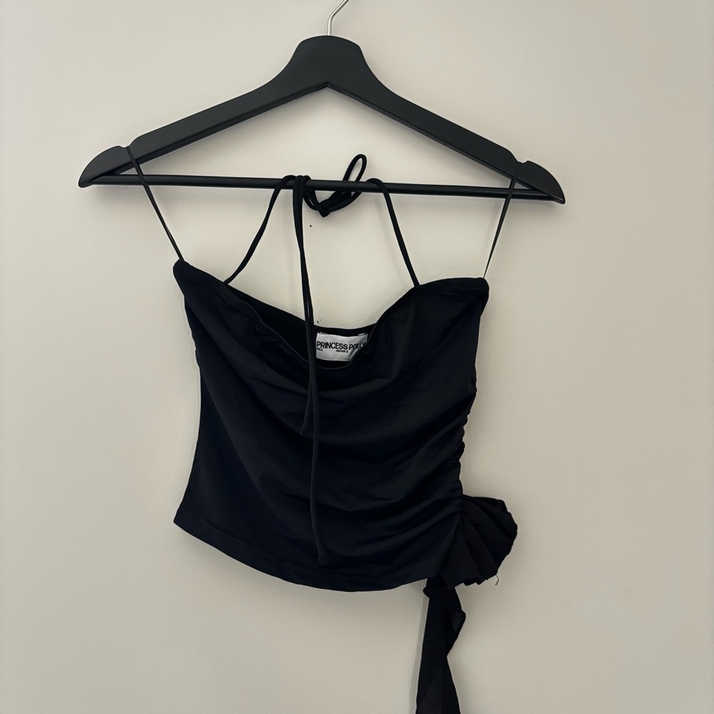 princess polly black halter top with rose detail